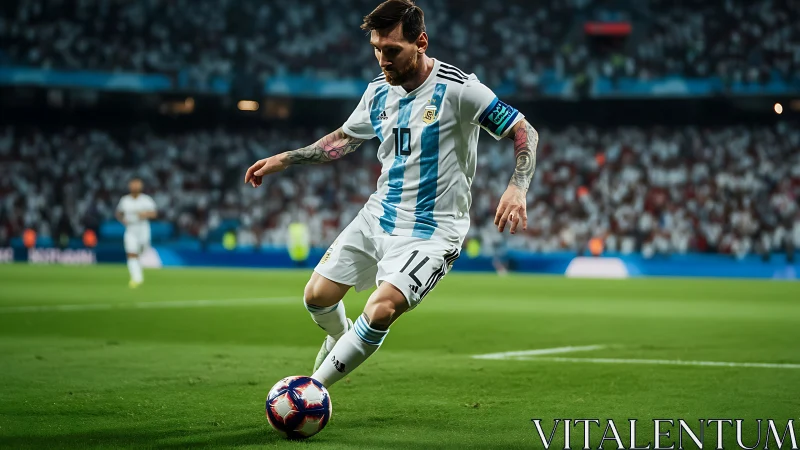 Argentine forward controls ball under stadium floodlights.