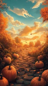 Golden pumpkin path winding through a dreamy autumn sunset.
