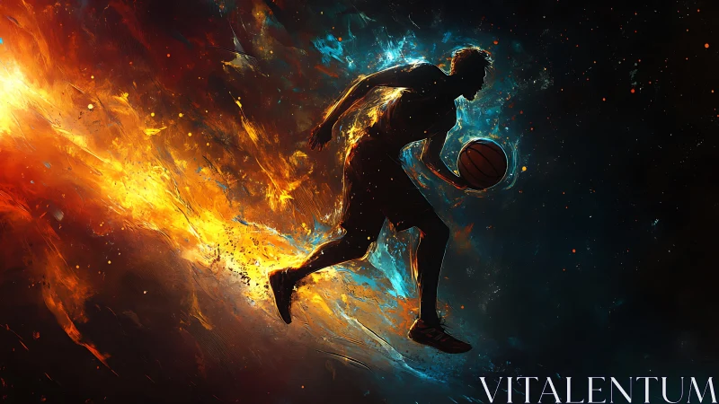 Silhouetted basketball player in fiery blue abstract motion.