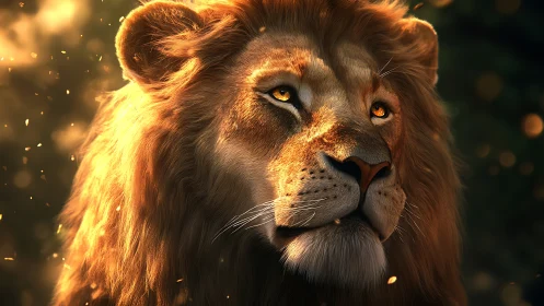 Golden light on lion face in close up wildlife portrait.