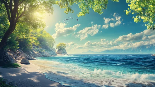 Sunlit coastal forest curves into luminous turquoise sea