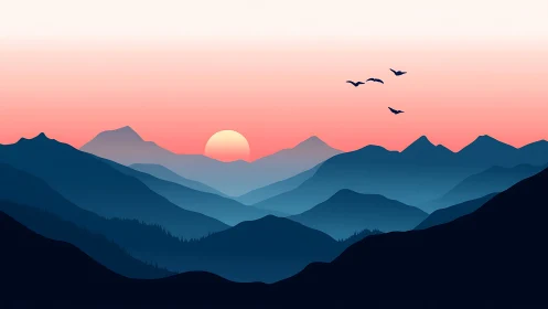 Layered blue mountains at coral sunrise with birds in flight.