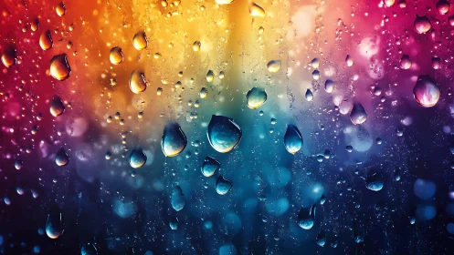 Iridescent raindrops on glass over prismatic bokeh field.
