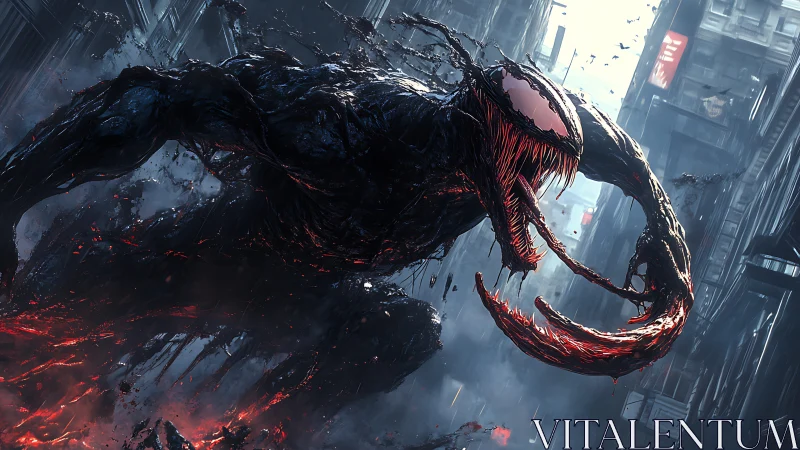 Symbiotic creature lunges through alleyway with molten tendrils exposed