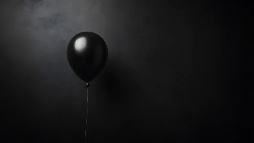 Single black balloon glows softly against moody darkness