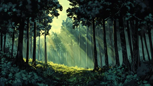 Atmospheric forest cathedral with volumetric light penetration.