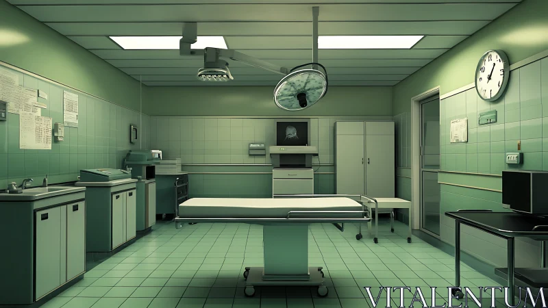 Sterile green-tiled operating room with ceiling-mounted surgical lighting