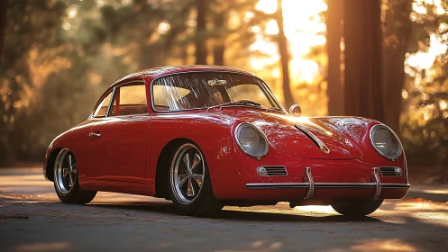 Red vintage coupe parked on sunlit forest roadway.
