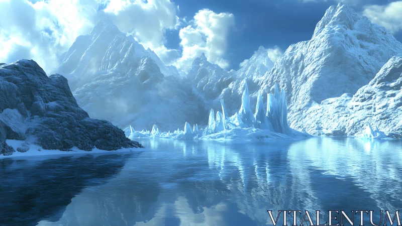 Glacial mountain basin with reflective cryogenic water plane.