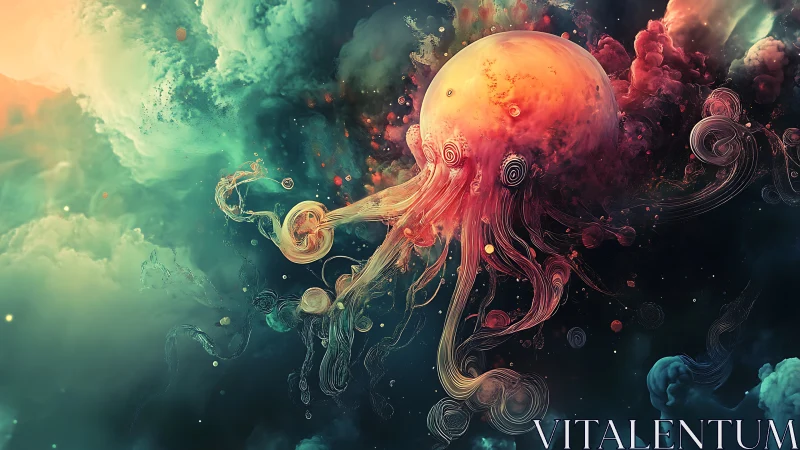 Nebula jellyfish drifting through swirling cosmic clouds.