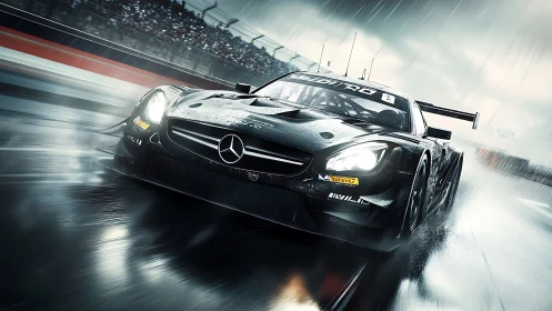 Mercedes GT race car powers through dramatic wet circuit.