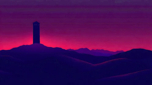 Lonely watchtower on dark hills under neon sunset sky.