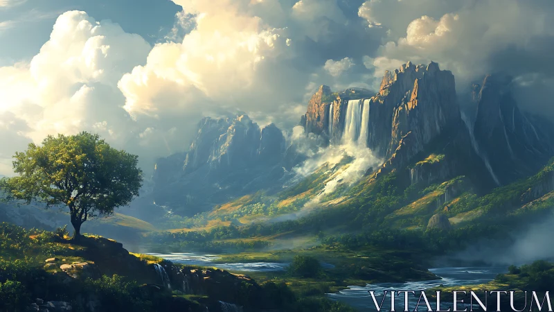 Luminous valley landscape with stratified cliffs and waterfalls