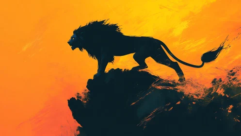 Lone dusk lion surveying a blazing painted horizon.