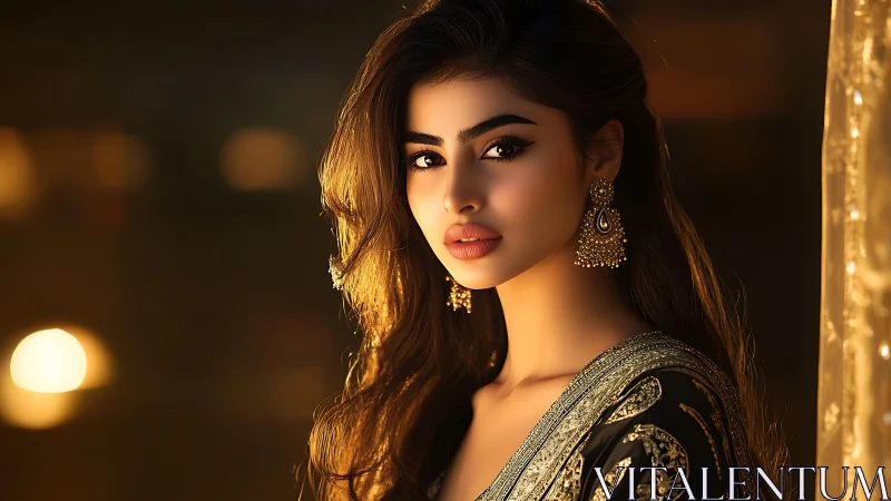 Elegant woman in traditional attire under warm lights.