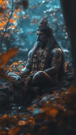 Mystical forest sage rests in calm, glowing twilight stillness