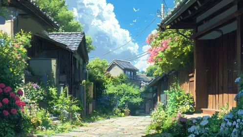 Luminous summer alley with traditional wooden houses and flora.