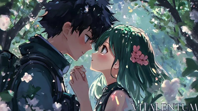 Young anime couple share quiet gaze under blooming trees