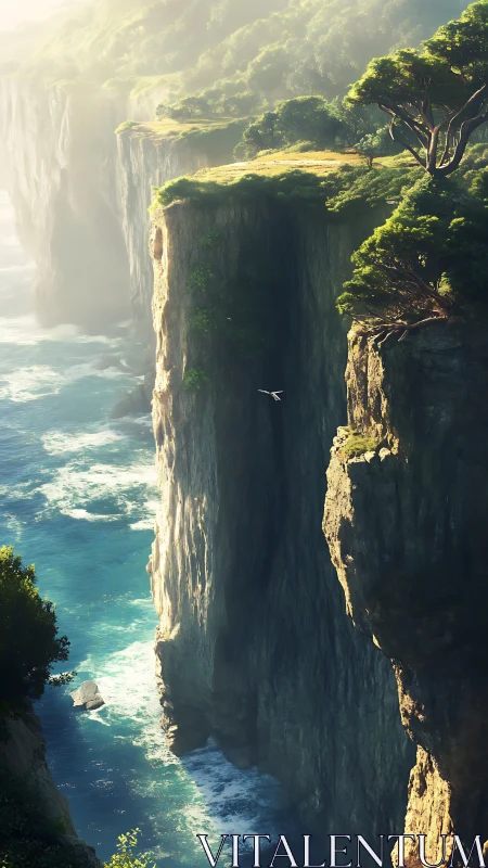 Sunlit emerald cliffs towering over a dream-bright sea breeze.