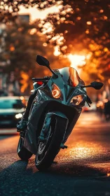 Sunlit city street welcomes a sleek motorcycle moment.