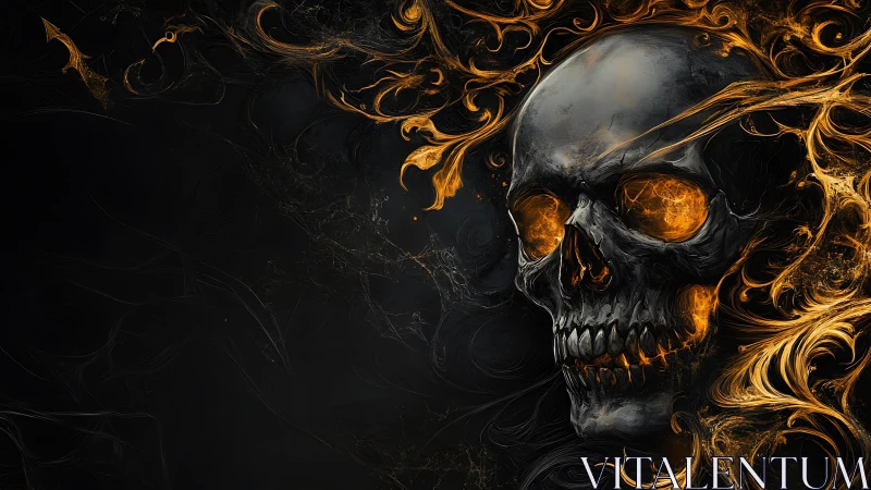 Fiery skull swirls with glowing embers in dark dramatic space.