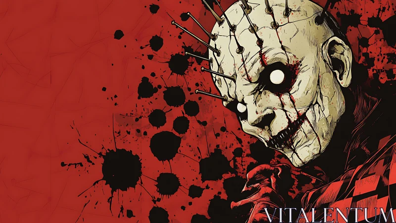 Needled skull jester grins through splattered crimson chaos