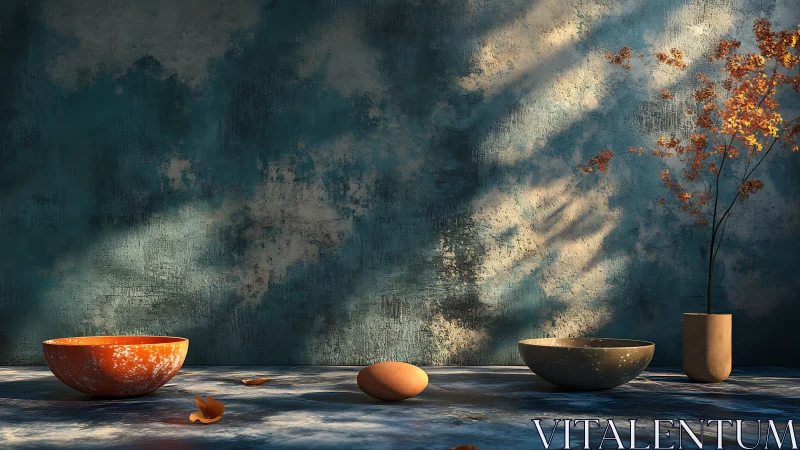 Gentle morning light over quiet bowls and golden branches.