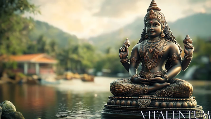 Bronze Hindu deity statue by tranquil lakeside village at dusk