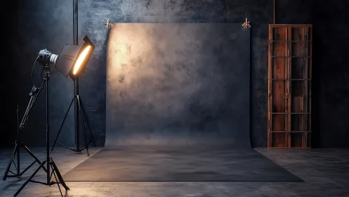 Empty studio backdrop stands under softbox light glow