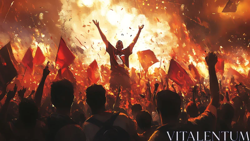 Blazing crowd celebration under a storm of light and flags.