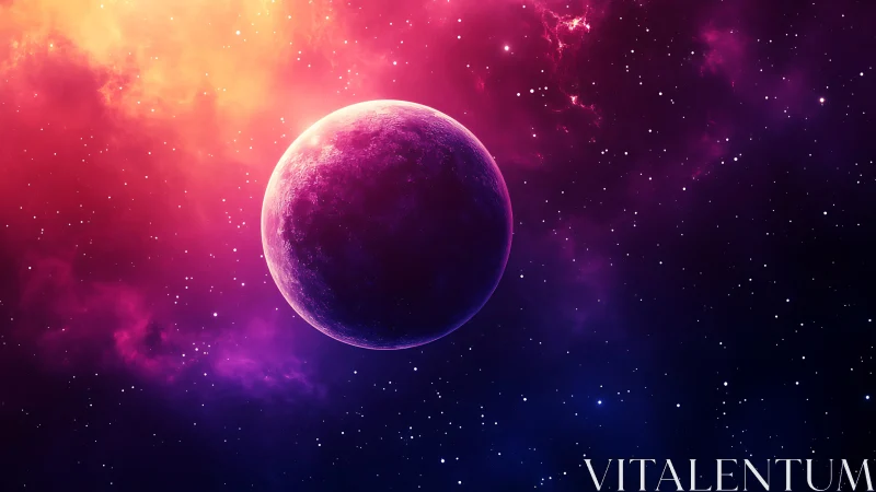 Purple planet set against vivid pink and orange nebula.