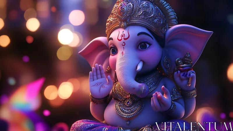 3D rendering of ornate childlike Ganesha statue at night.