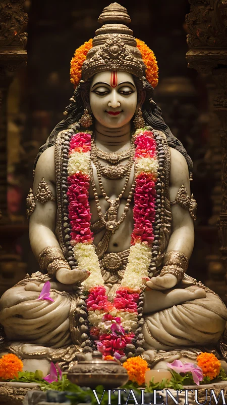 Stone Hindu deity statue adorned with flowers and garlands.