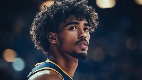 Arena-lit portrait of focused basketball guard in warm bokeh field.