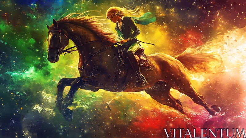 Rider on galloping horse traverses multicolored nebula field