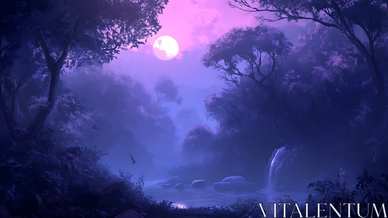 Moonlit forest river under soft purple twilight glow.