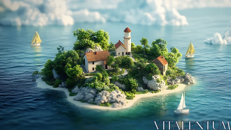 Miniaturized Coastal Island with Architectural Structures and Sailboat Elements