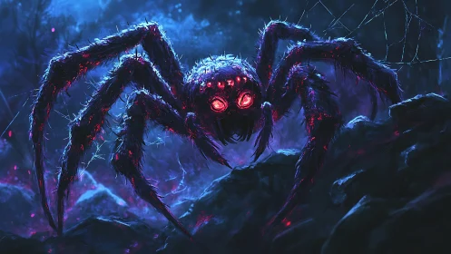 Nightmare spider stalks a glowing, haunted neon forest.