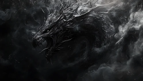 Shadowy spectral dragon emerging from swirling smoke.