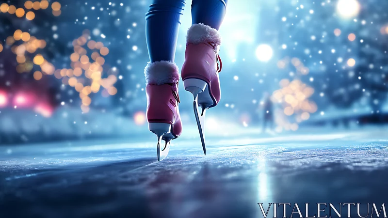 Frost-bright footsteps in pink skates on a glowing winter rink.
