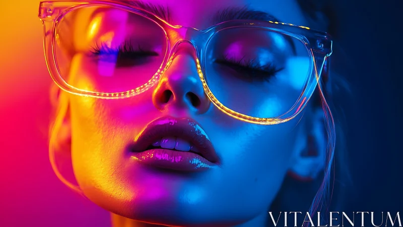 Neon lit close up portrait with oversized clear glasses.