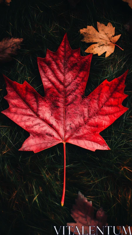 Red maple leaf rests on dark forest grass in autumn stillness.