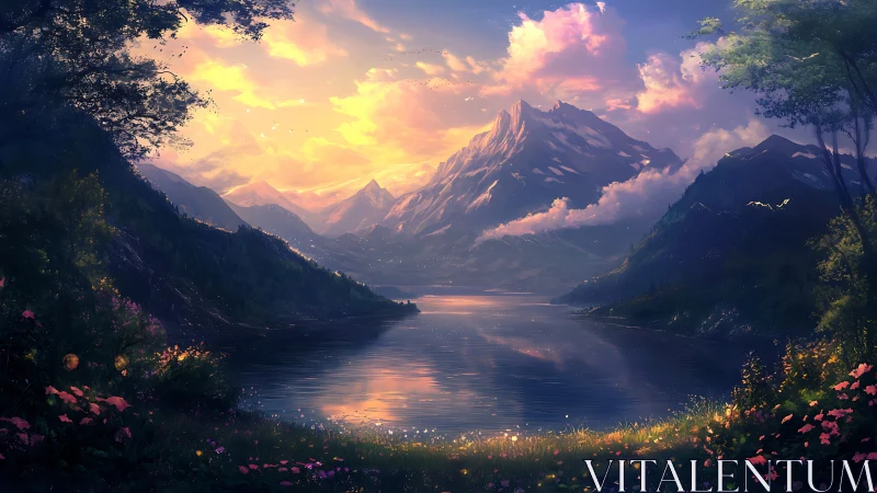 Golden hour alpine lake with luminous snowcapped peaks.