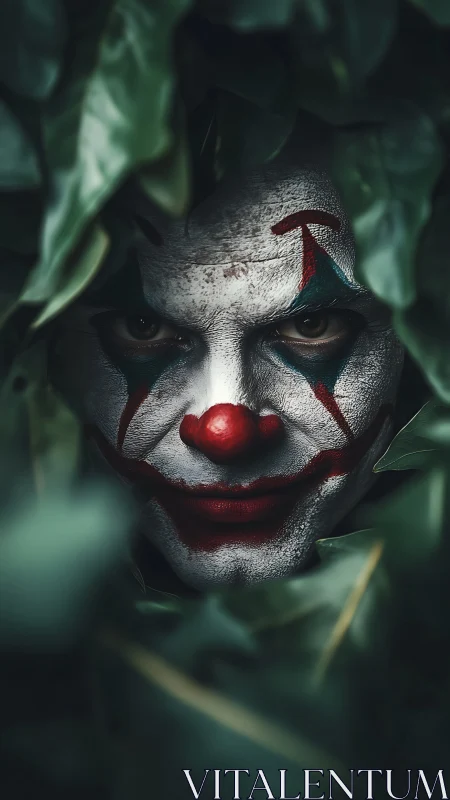 Clown face emerging through dense green foliage.