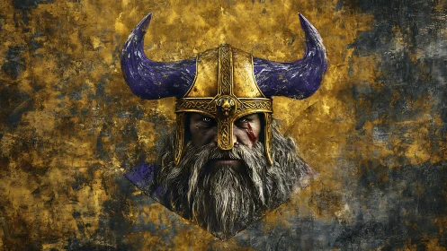 Viking warlord portrait with gilded helm and violet horns.