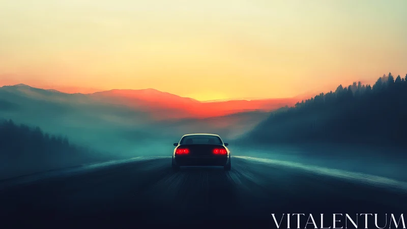 Solitary car traverses misty highway under saturated sunrise