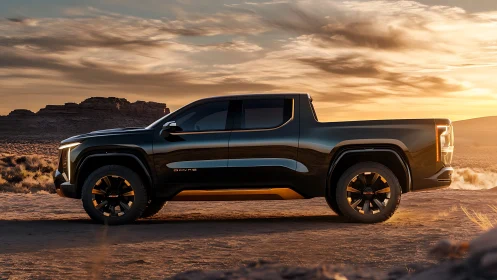 Sleek electric pickup truck gleams in desert sunset light.