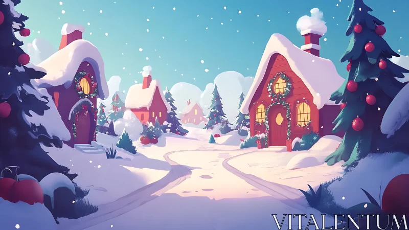 Snow-covered holiday village with glowing cottage lights.