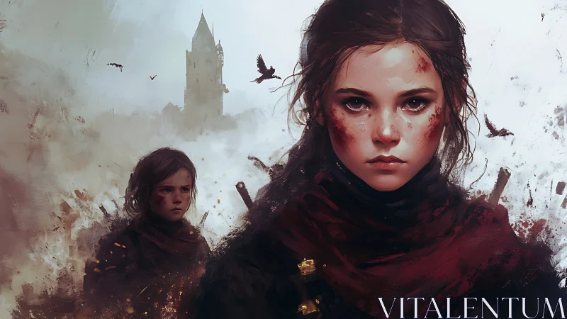 Battle-scarred young heroine stares down a ruined winter realm