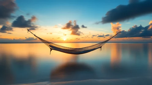 Suspended hammock spans tranquil ocean at reflective sunset